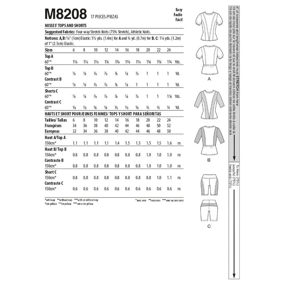 McCalls M8208 Misses Stretch Fit Sewing Pattern‎ Tops Shorts Sizes 16-24